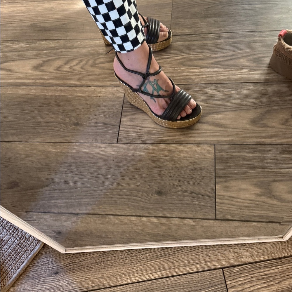 Coach Black Leather Wedge Sandals with Braided Espadrille - Picture 11 of 16